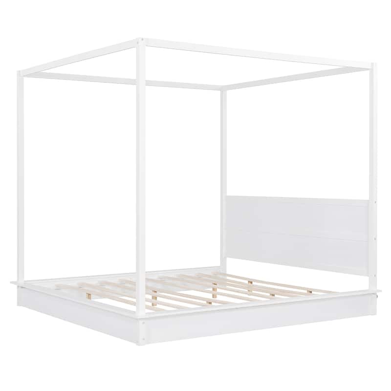 Wooden Canopy Bed Platform Bed Frame Mattress Foundation with LED Light Strips, Slat Support, No Box Spring Needed, White