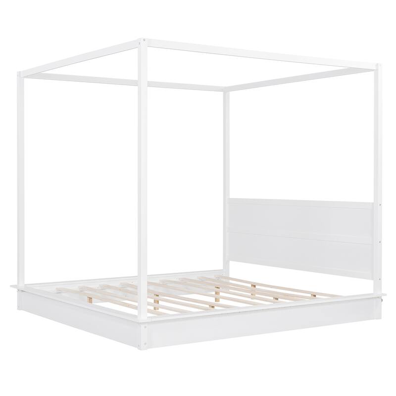 Wooden Canopy Bed with Brushed-effect Finish Master Bedroom Bed White Canopy Bed LED Platform Bed with Top Canopy Rails
