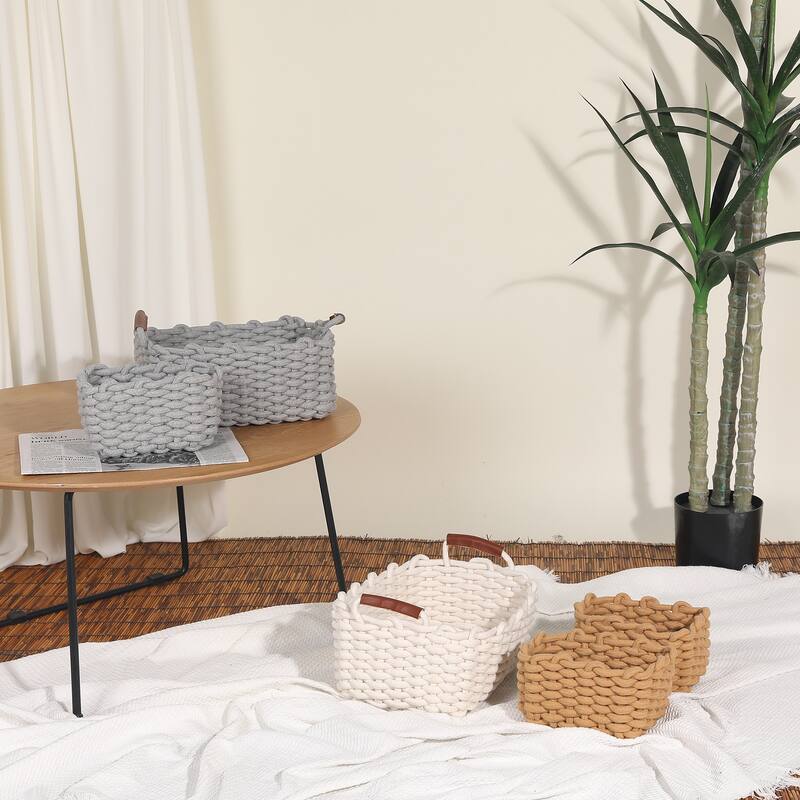 3 Pack Woven Storage Basket, Shelf Closet Storage Bin with Handles for Key Tray Bowl for Entryway Desk - 7*5.5*5in/12*8.3*6.3in
