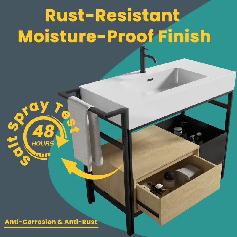 36" Industrial Modular Bathroom Vanity - Metal Frame with Seamless Artificial Stone Basin(Drain & Faucet Not Included)