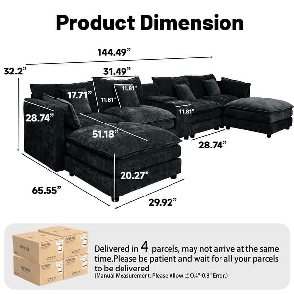dimension image slide 0 of 2, GDFStudio - Rei 144" U-Shaped Comfy Fluffy Chenille Modular Sofa with Movable Ottoman & Storage