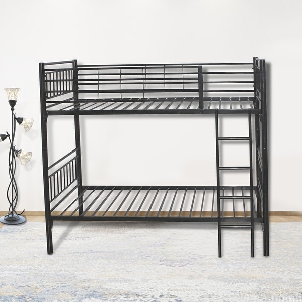round metal tube black twin bunk beds with build-in-ladder for easy access to upper bunk. Opens flyout.