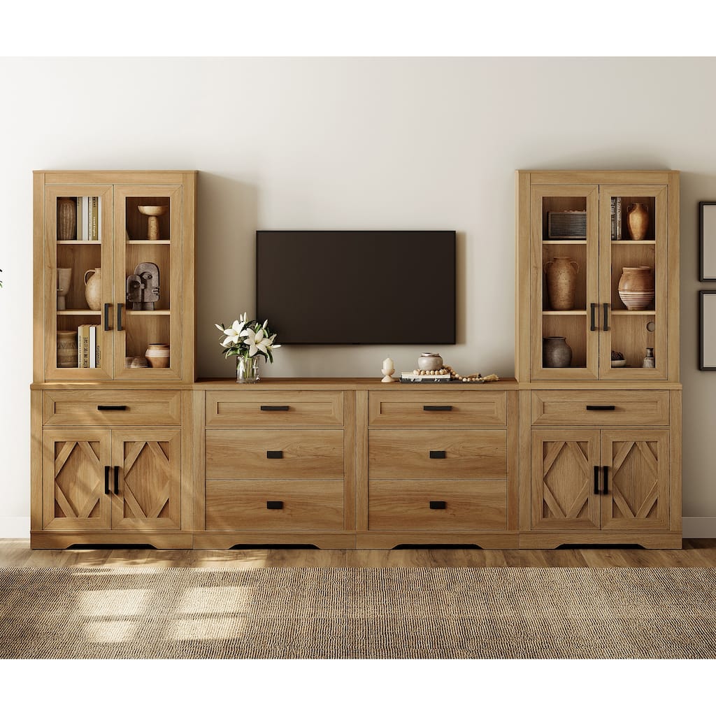 TV Stand For 70" TV with Tall Bookshelves, Barn Doors & Drawers