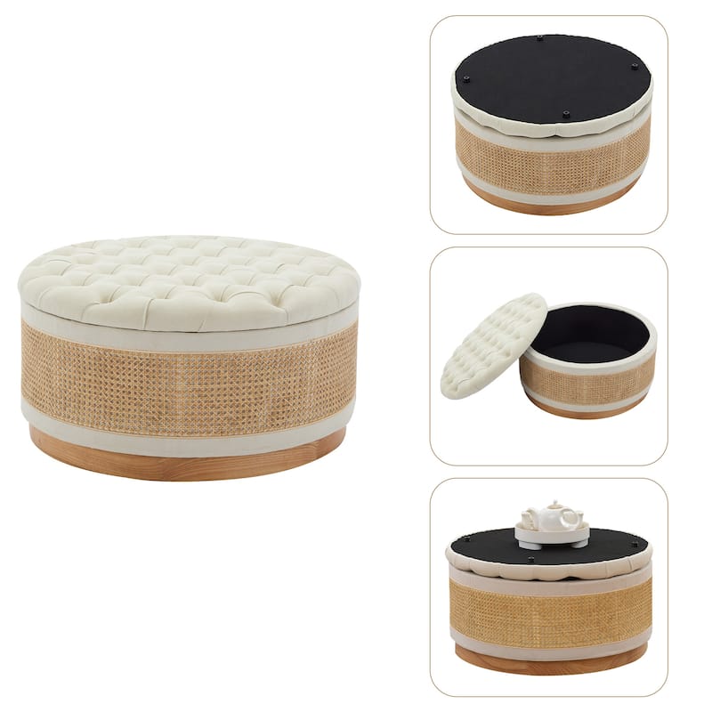 Linen & Rattan Round Storage Ottoman, Button-tufted Upholstery