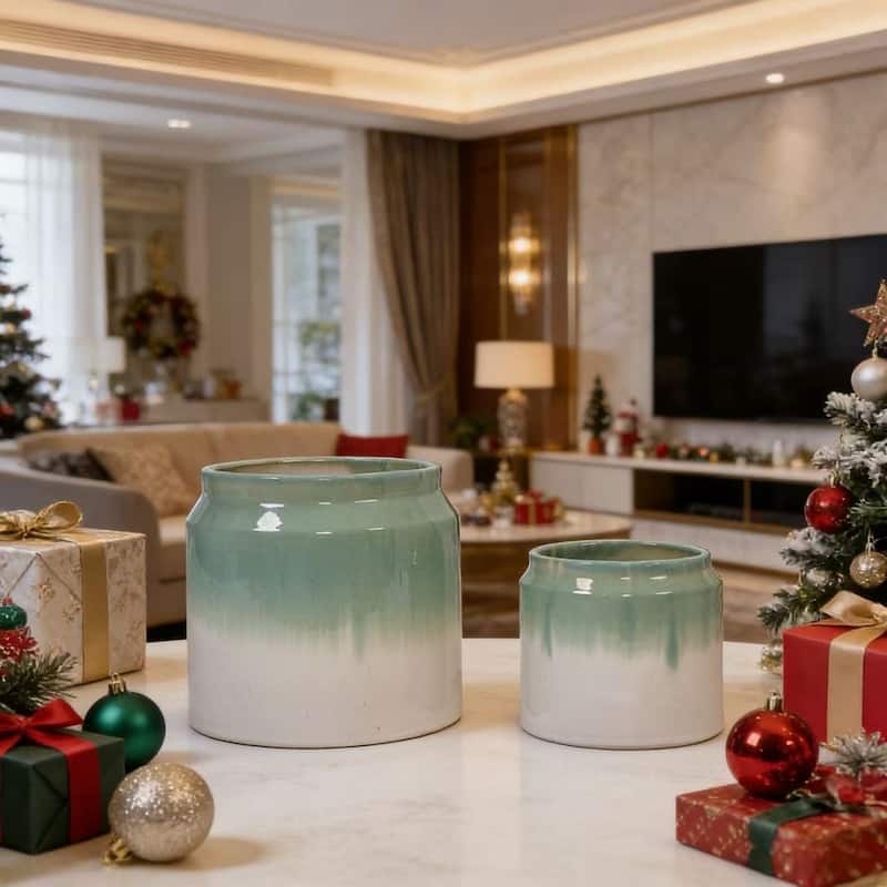 Handmade Ceramic Planter Set of 2, 8.5" & 6" Diameter, Green-White Ombre Glaze, for Aquatic Plants Indoor/Outdoor Shelf