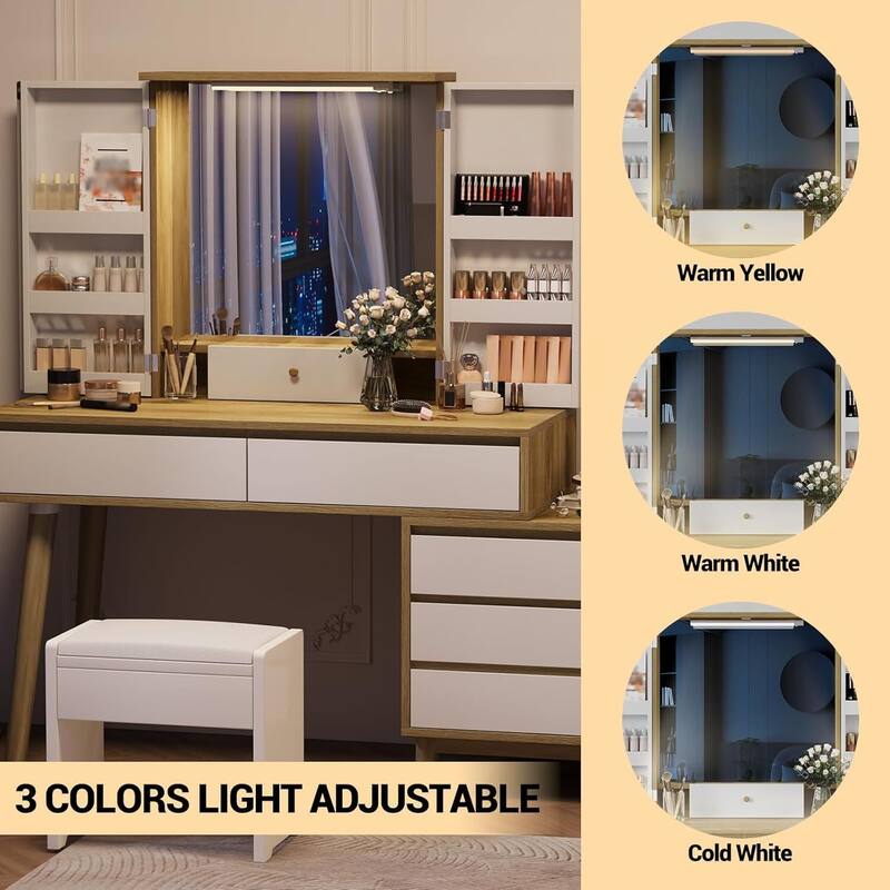 Dressing Makeup Vanity Table with 6 Drawers and Open Shelves for Bedroom