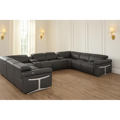 HomeRoots Dark Gray Italian Leather Power Reclining U Shaped Ten Piece Corner Sectional With Console