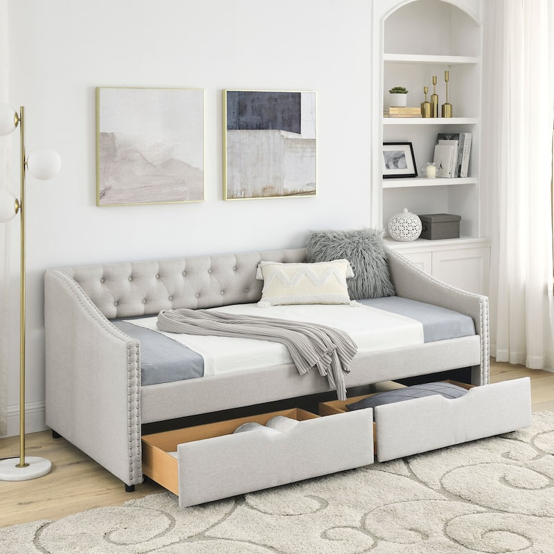 Mid-Century Linen Upholstered Daybed Platform Bed Frame with Storage Drawers, Button Tufted Back and Nailhead Trim Arms