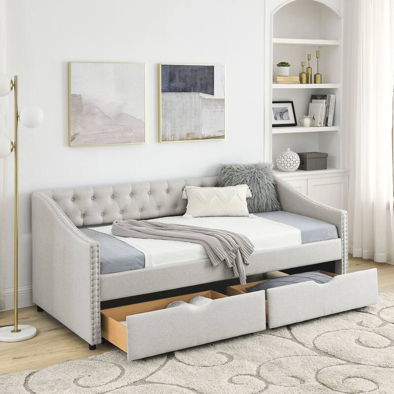 Twin Size Linen Upholstered Daybed Frame with 2 Drawers, Buttons Tufted Backrest, Copper Nail Decoration