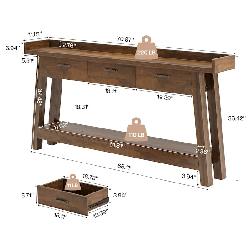70.9'' Long Console Table with 3-Drawer, 2-Tier SofaTable for Entryway
