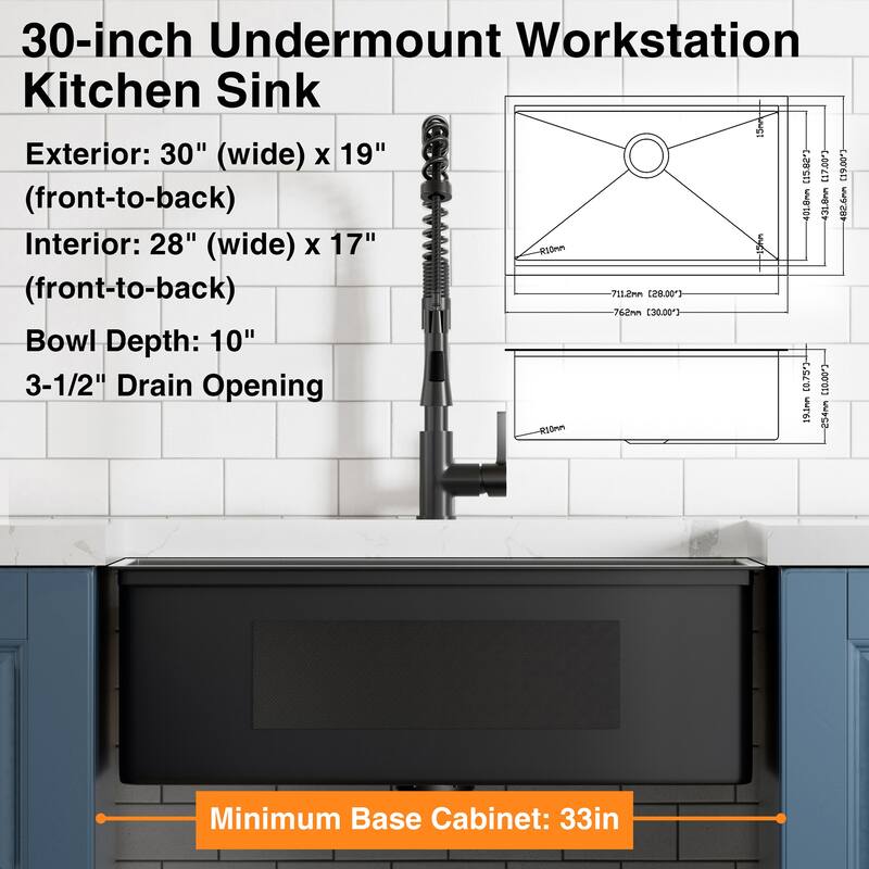 30 inch Upgrade Undermount Workstation Stainless Steel Sink, 18 Gauge Single Bowl Stainless Steel 10" Deep
