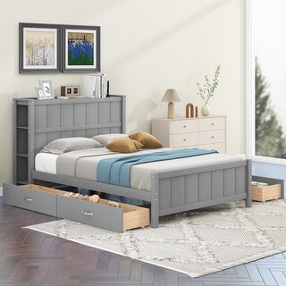 Full Size Platform Kids Bed with Drawers & Storage Shelves in Pine Wood, Grey