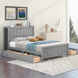 Gray Full Size Platform Panel Bed with 4 Drawers Platform Wood Slat Bookcase Storage Bed, Grounded Low Bed, No Box Spring Need