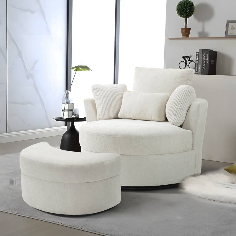 Chenille/Boucle Swivel Barrel Chair with Storage Ottoman