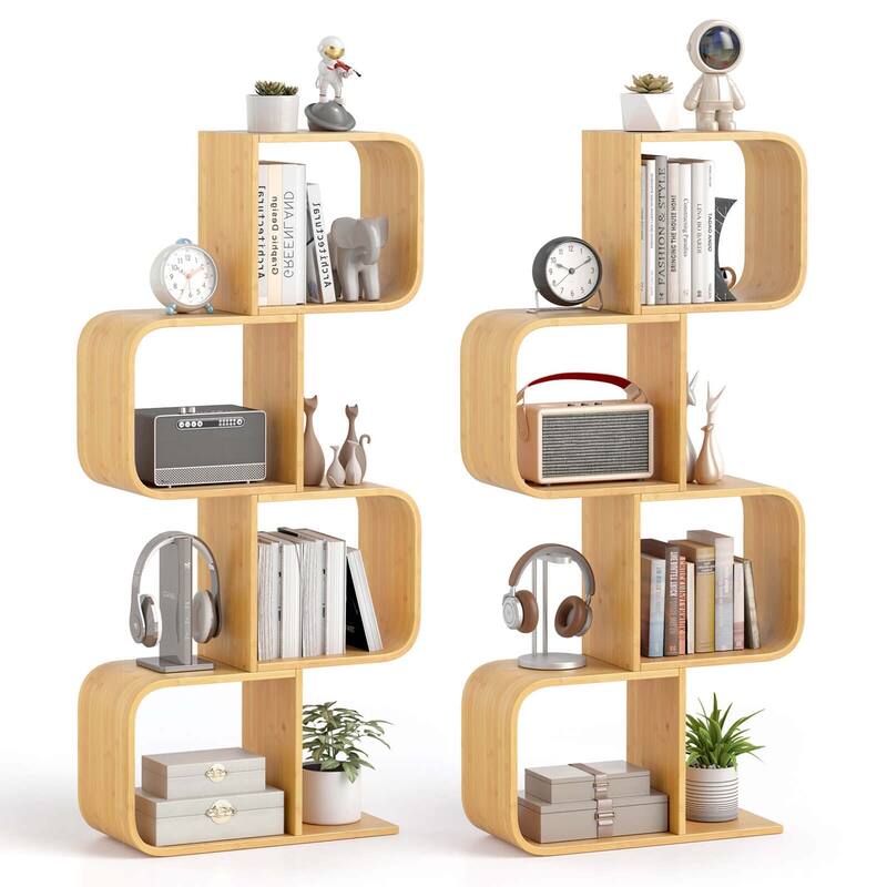 1/2 PCS Bamboo Geometric Bookshelf 4-Tier S-Shaped Bookcase - 2 pcs