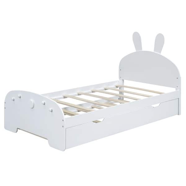 Wood Twin Size White Platform Bed with Cartoon Ears Shaped Headboard ...