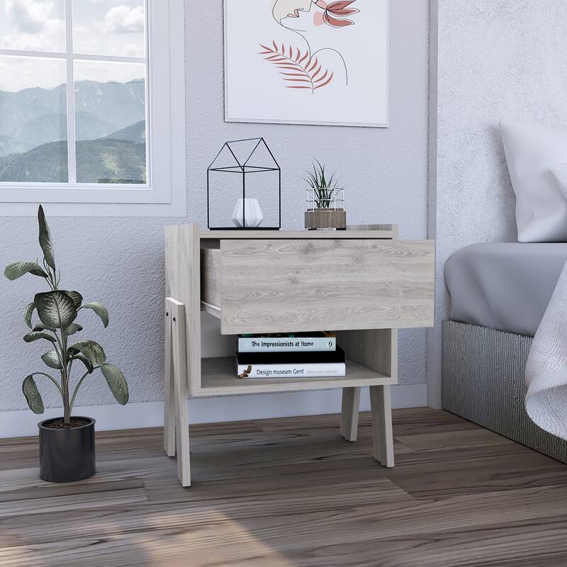 Nightstand with One Open Shelf and Four Legs, One Drawer - Oak
