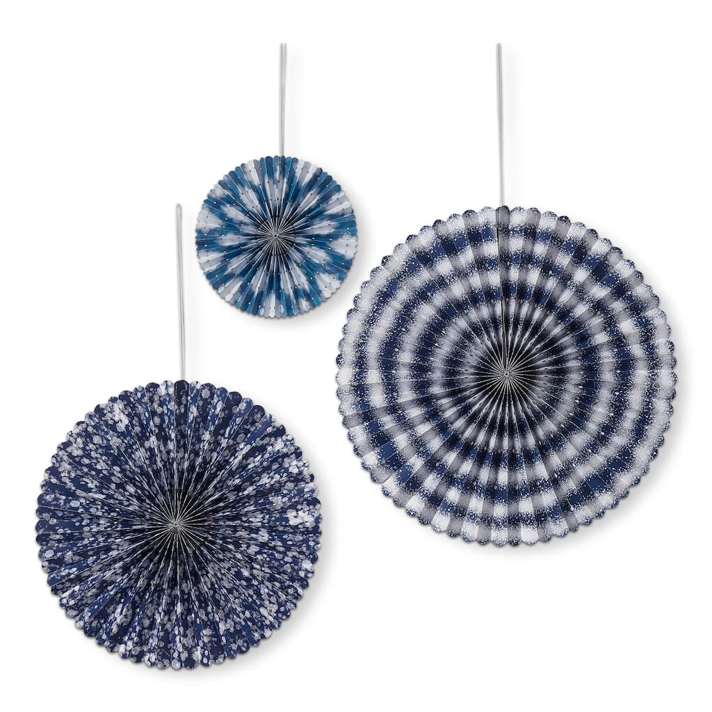 Set of 3 Festive Blue Paper Fan Decor - Holiday Decorative Objects for Summer - 5.5" L x 12.75" H