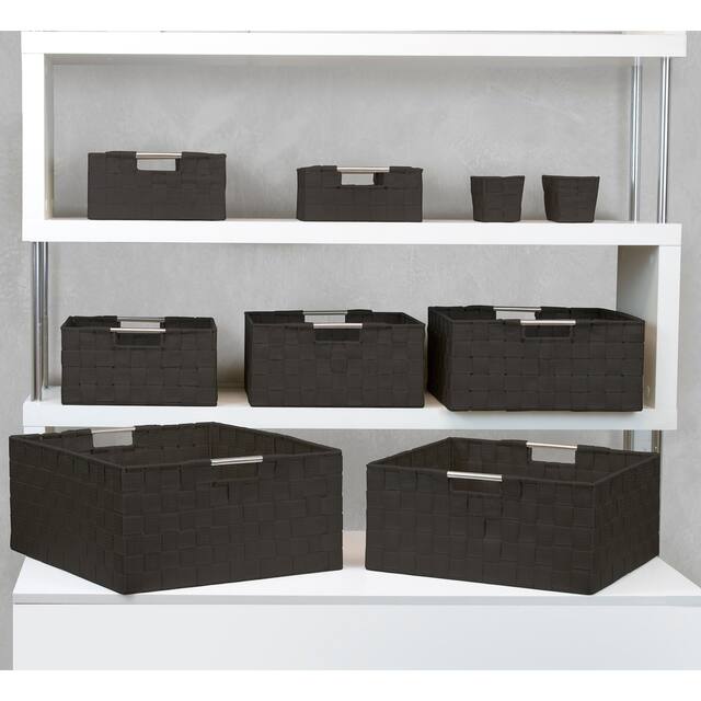 Storage Box Woven Basket Bin Container Tote Cube Organizer Set Stackable Shelf Organizer Built-in Carry Handles (9-Piece) - Grey