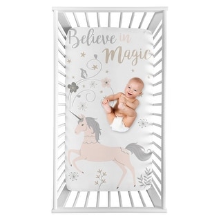 Unicorn Collection Girl Photo Op Fitted Crib Sheet - Blush Pink, Grey and Gold Flowers and Stars