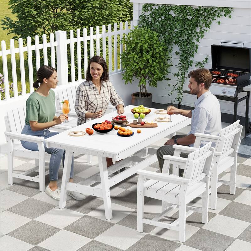 HDPE Patio Dining Set with Rectangular 67.91in W Table with Umbrella Hole and 4 Chairs - N/A