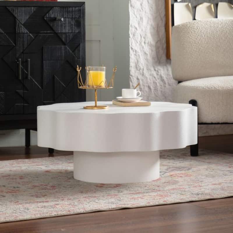 Scalloped White Coffee Table: Unique Wave-Edge Shape, Elegant Focal Piece for Stylish Spaces - Cream White
