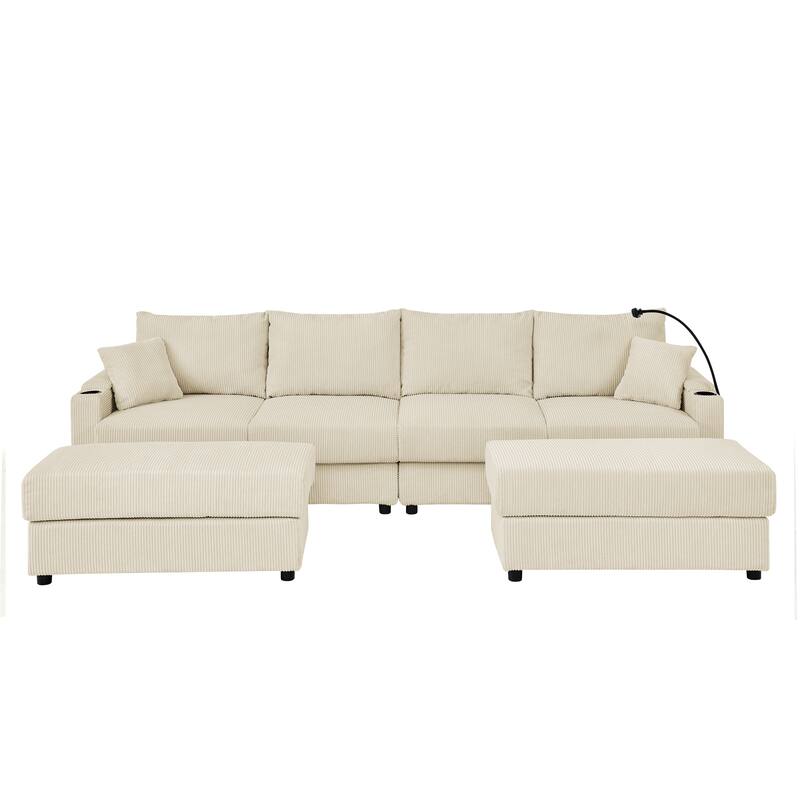 Living Room U-shaped Sectional Sofa with Chaise Lounge, Corduroy 4 Seater Couch with 2 Ottomans, Phone Stand and Cup Holders
