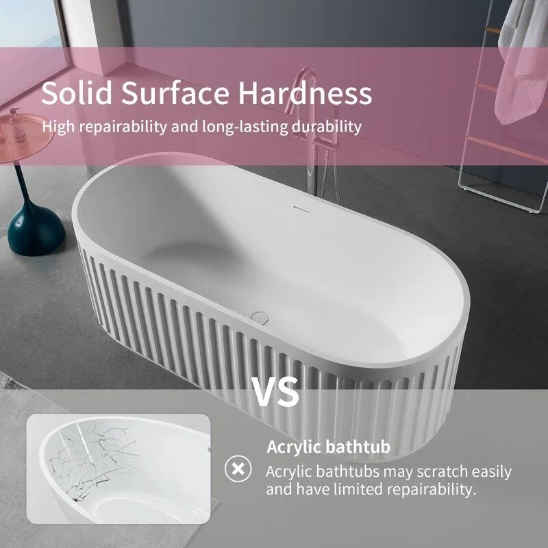 ABRUZZO 67" Freestanding Soaking Solid Surface Bathtub Stone Resin with Overflow and Pop-up Drain