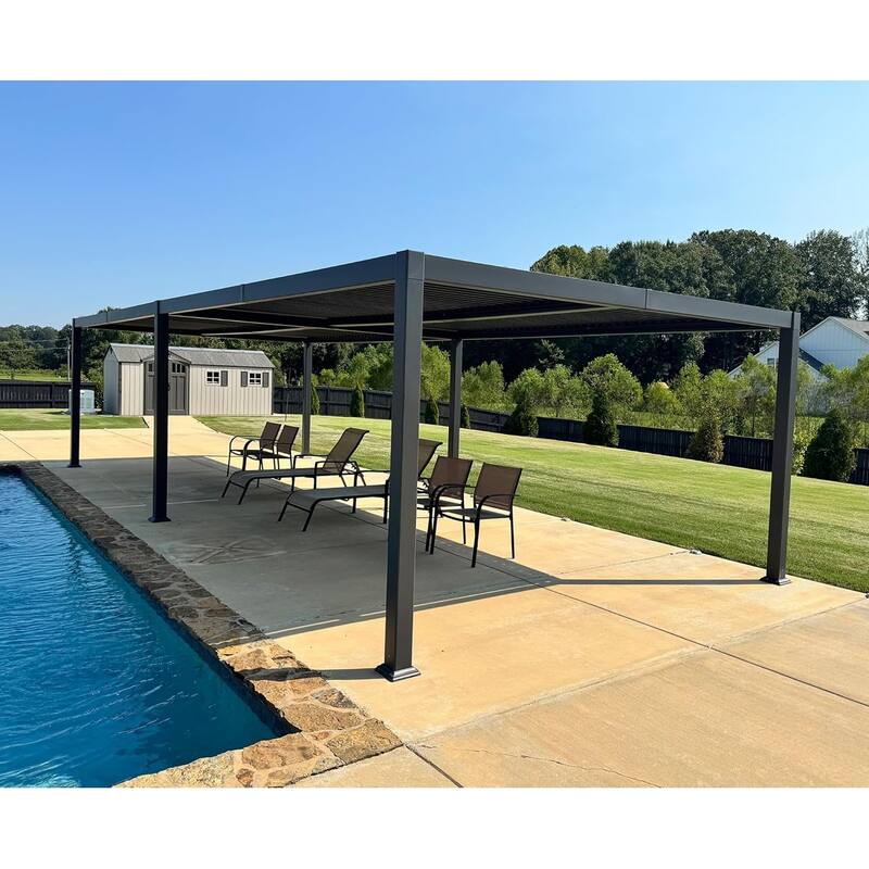 PURPLE LEAF Sun Shade Louvered Pergola with Light - Adjustable Metal Roof for Outdoor Patio - 13' x 30' - Grey