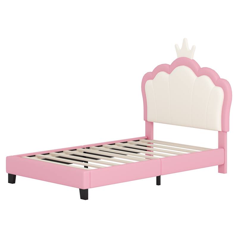 Cute Girl Princess Bed with Crown Headboard, PU Upholstered Platform Bed, Wood Panel Bed Low Profile Bed