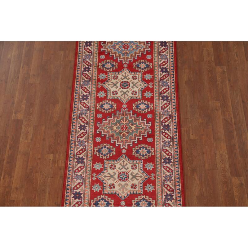 Geometric Red Kazak Runner Rug Hand-Knotted Wool Carpet - 2'9" x 8'0"