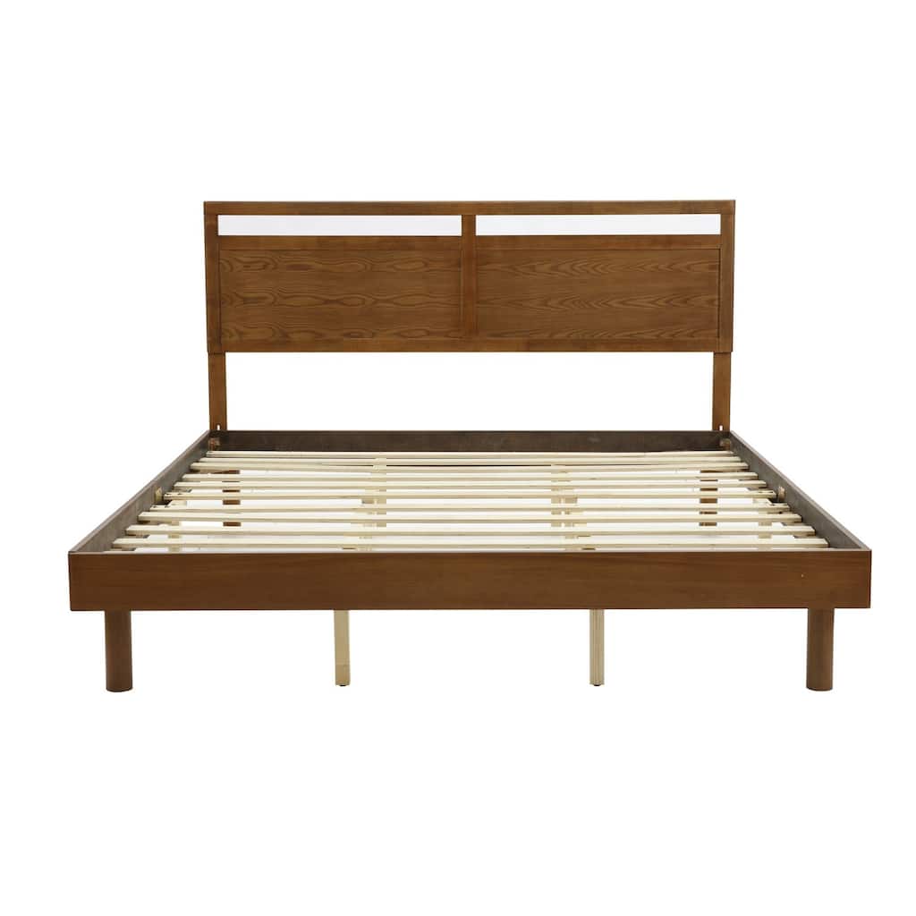 King Size Wood Platform Bed Frame with Headboard - Modern Double Panel Design