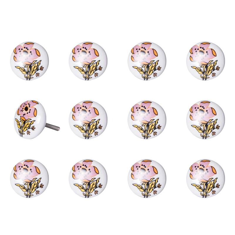 Set of 12 Pink White Floral Ceramic Drawer Knobs Hand-Painted Round Cabinet Pulls for Living Room Decor - 1.5” x 1.5” x 1.5”