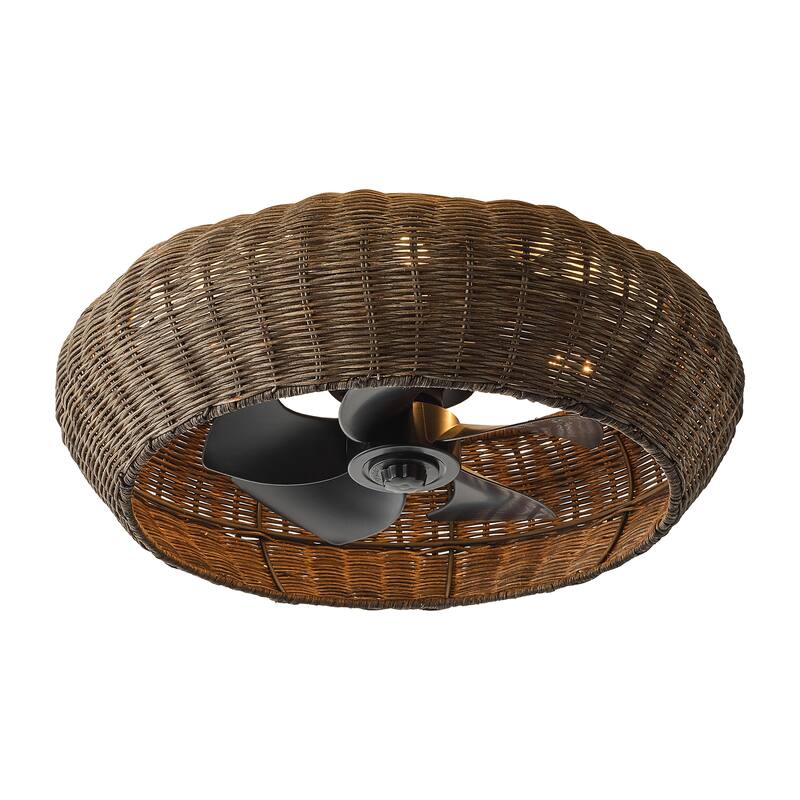 20-inch Boho Distressed Black Chandelier Flush Mount Ceiling Fan with Remote and Hand-Woven Rattan Shade - 19.7" W x 7.08" H