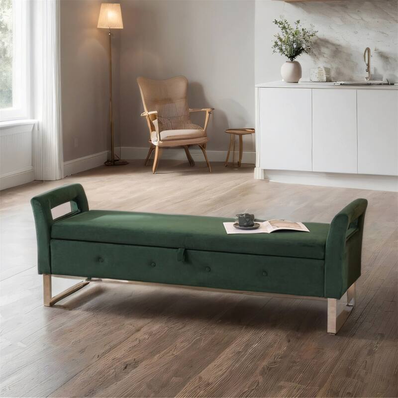 67.91" Velvet Storage Bench with Armrests and Wood Frame for Bedroom