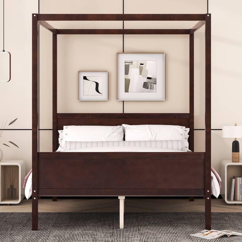Queen Pine Canopy Platform Bed with Slat Support