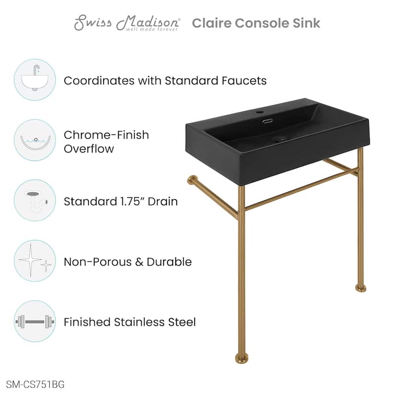 Claire 24 Ceramic Console Sink Matte Black Basin Gold Legs