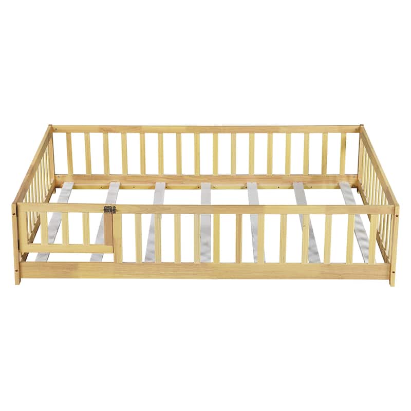 Roomfitters Full Size Floor Bed with Surround Fence & Swing Door, Rubber Wood Floor Platform Bed with Guardrail & Slat, Natural