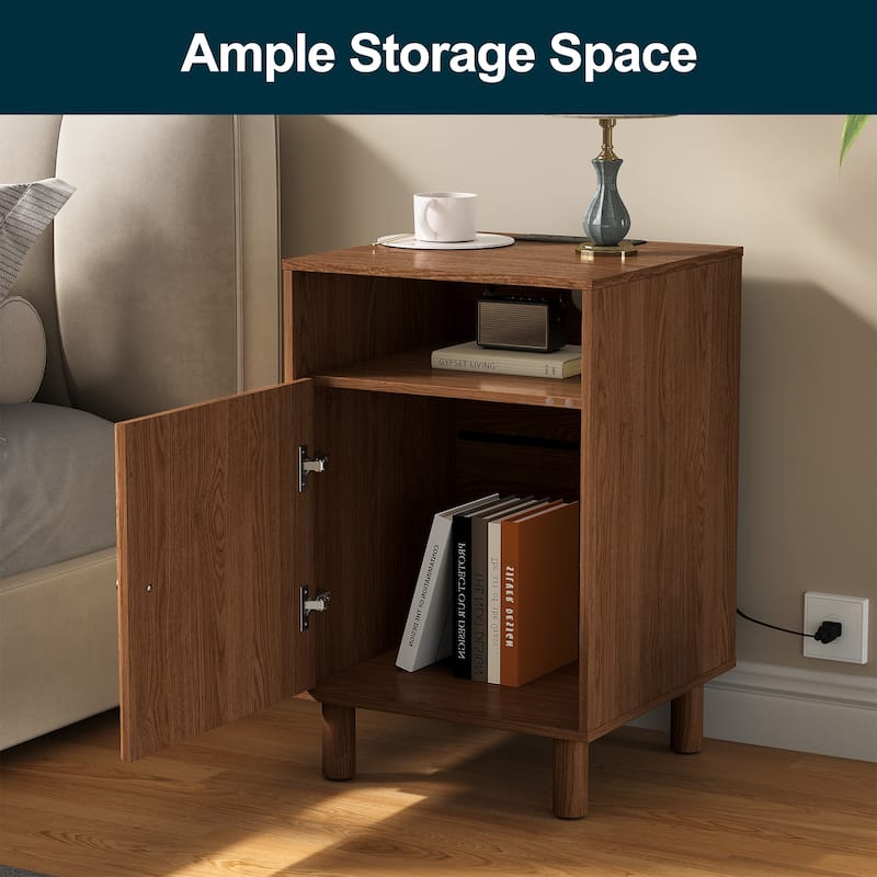 Nightstand Set of 2 with Charging Station and Solid Wood Legs