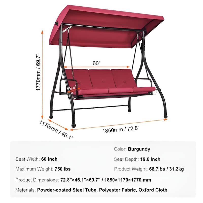 3-Seat Outdoor Swing Chair with Canopy and Cushions for Patio or Porch - 72.8"×46.1"×46.1"