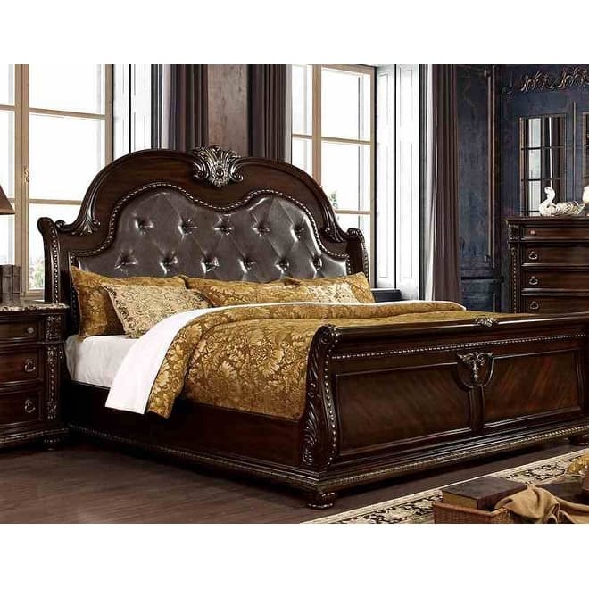 1PC Traditional Brown Cherry Finish Upholstered Bed
