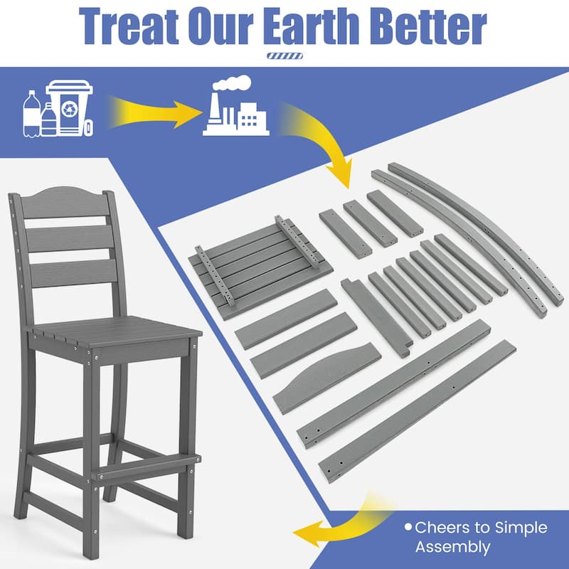 Gymax Set of 2 HDPE Bar Stool Tall Chair Backrest Footrest All Weather