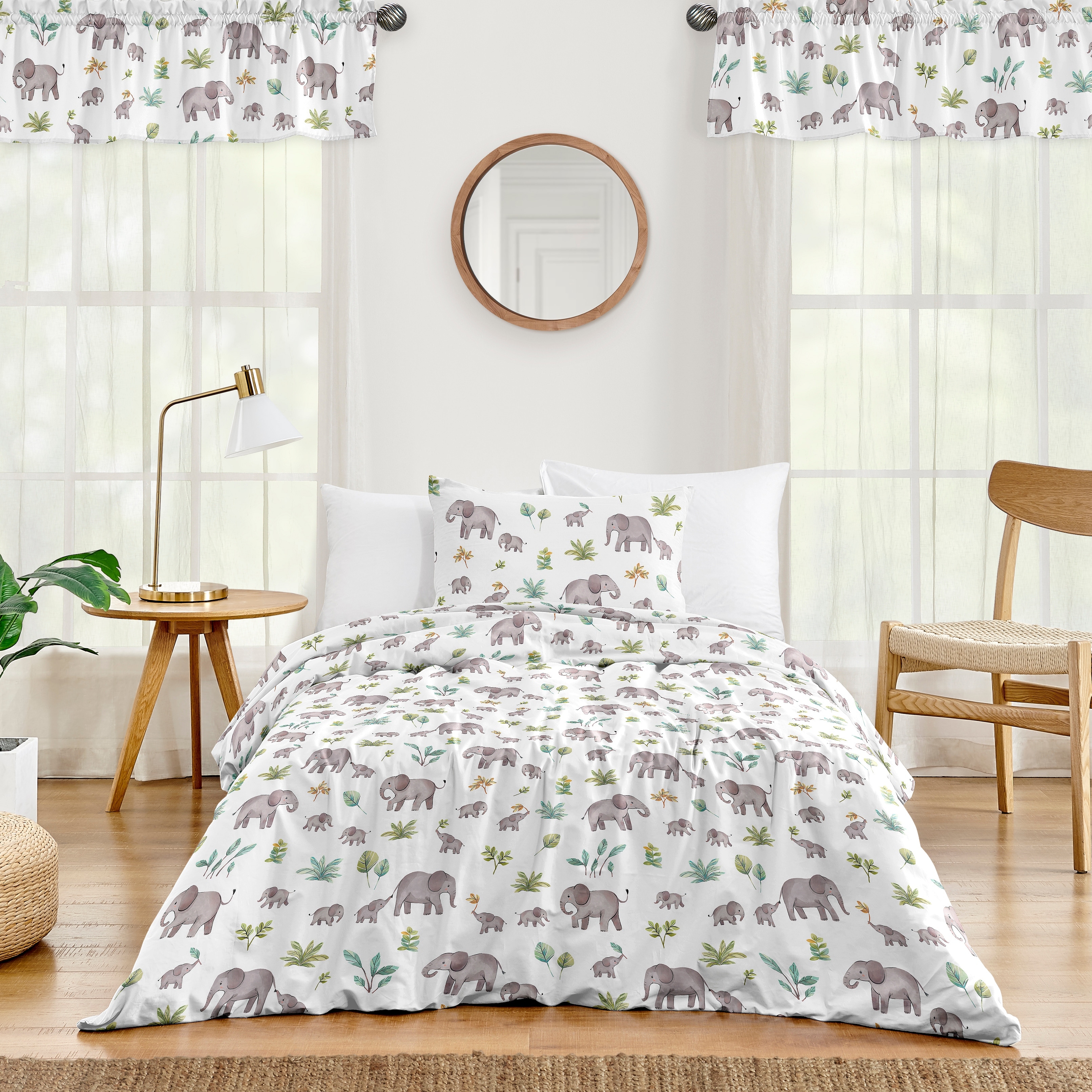 Sweet Jojo Designs Watercolor Elephants Boy Girl Gender Neutral 2p Twin-size Comforter Set Green Grey Jungle Safari Palm Trees