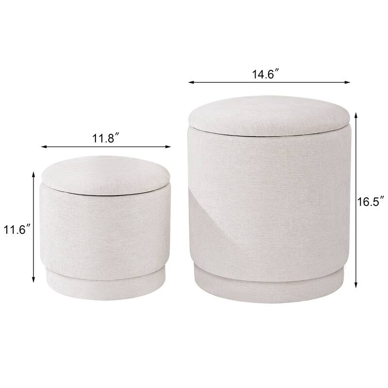 Adeco 2-Piece Round Fabric Storage Ottoman Set with Removable Lids