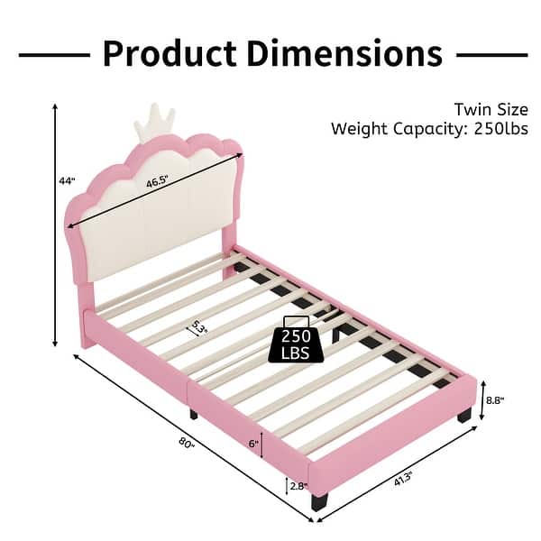dimension image slide 1 of 4, Cute Girl Princess Bed with Crown Headboard, PU Upholstered Platform Bed, Wood Panel Bed Low Profile Bed