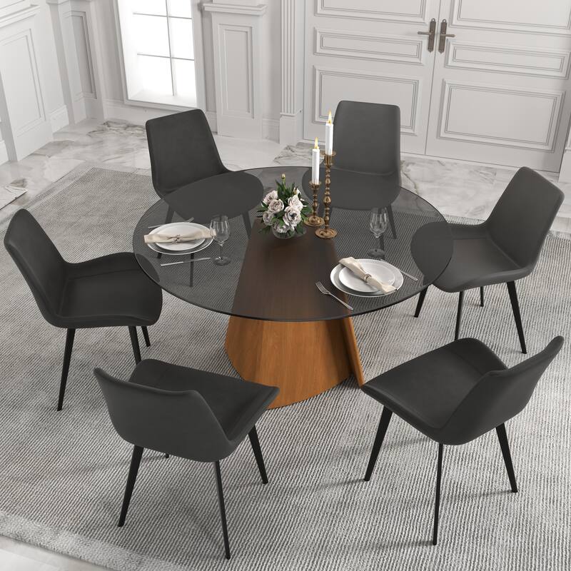 Modern Dining Glass Round Table, 53" Dining Table with Susan with Wood Legs for Dining Room Kitchen - 53"Table+Brown Base