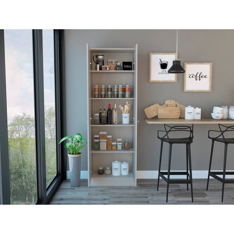 Multi-Storage Single-Door Pantry Cabinet with 5 Internal Shelves, Dark Brown - N/A