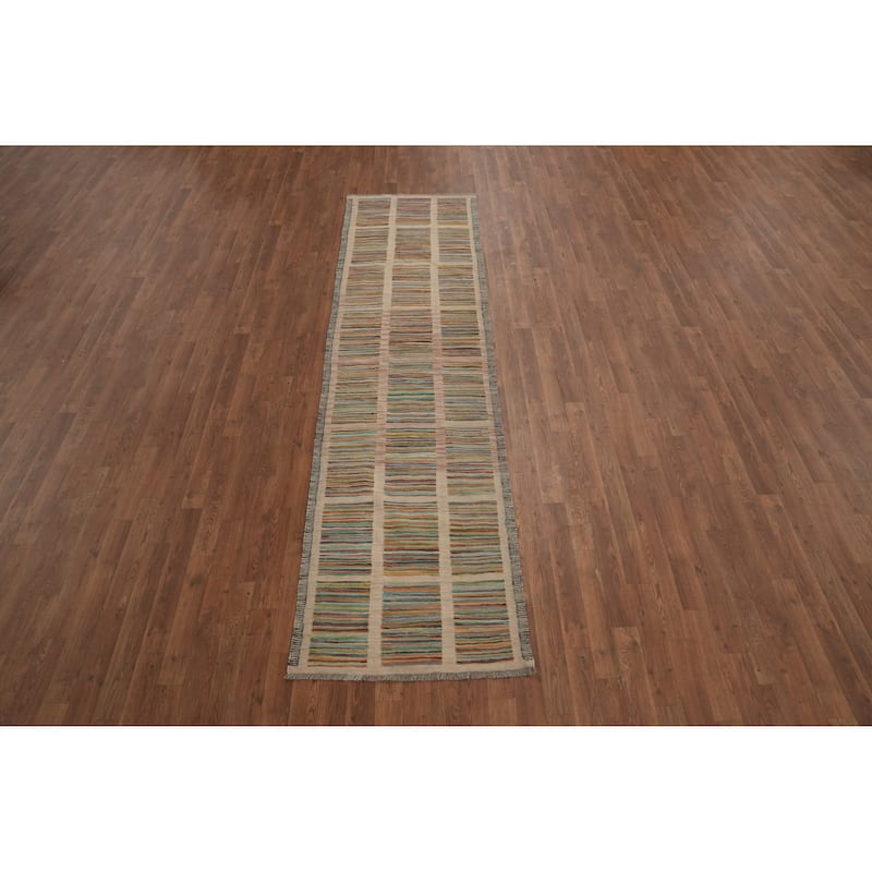 Hand Woven Oriental 100% Wool Carpet Southwestern Modern Multi-Colored Kilim Runner Rug - 9' 8'' X 2' 5''