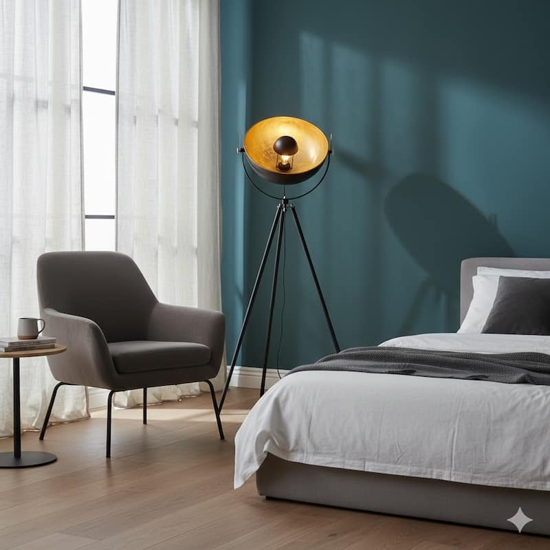 1 Light Black Tripod Floor Lamp With a Gold Leaf Interior Shade