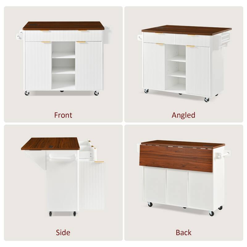 Kitchen Island with Drop Leaf & Power Outlet, Fluted Island Table on Lockable Wheels, Kitchen Cart with Adjustable Shelves